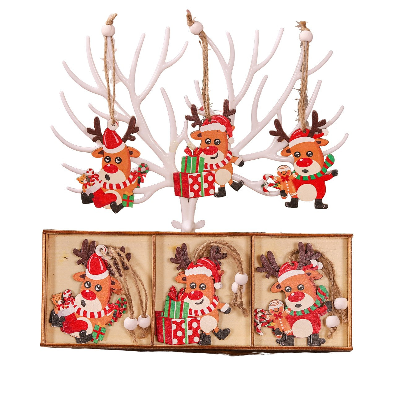Set 9 Decoratiuni de Craciun din Lemn, cu Snur pentru Agatare in Brad, Model Reni, 3 Modele, Diferite Dimensiuni, Multicolor