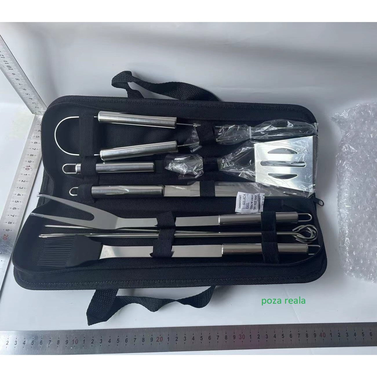 Set 9 Ustensile pentru Gratar, din Otel Inoxidabil, Geanta Oxford, Argintiu