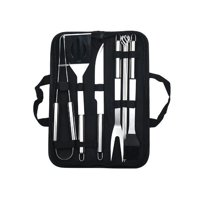 Set 9 Ustensile pentru Gratar, din Otel Inoxidabil, Geanta Oxford, Argintiu