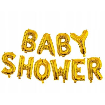 Set Baloane din Folie Metalizata, Flippy, Model Baby Shower, Litere de 40 cm, Baloane Party, Ambalaj Individual, Pai, Ata si Adeziv Incluse, Umflare cu Aer sau Heliu, Auriu