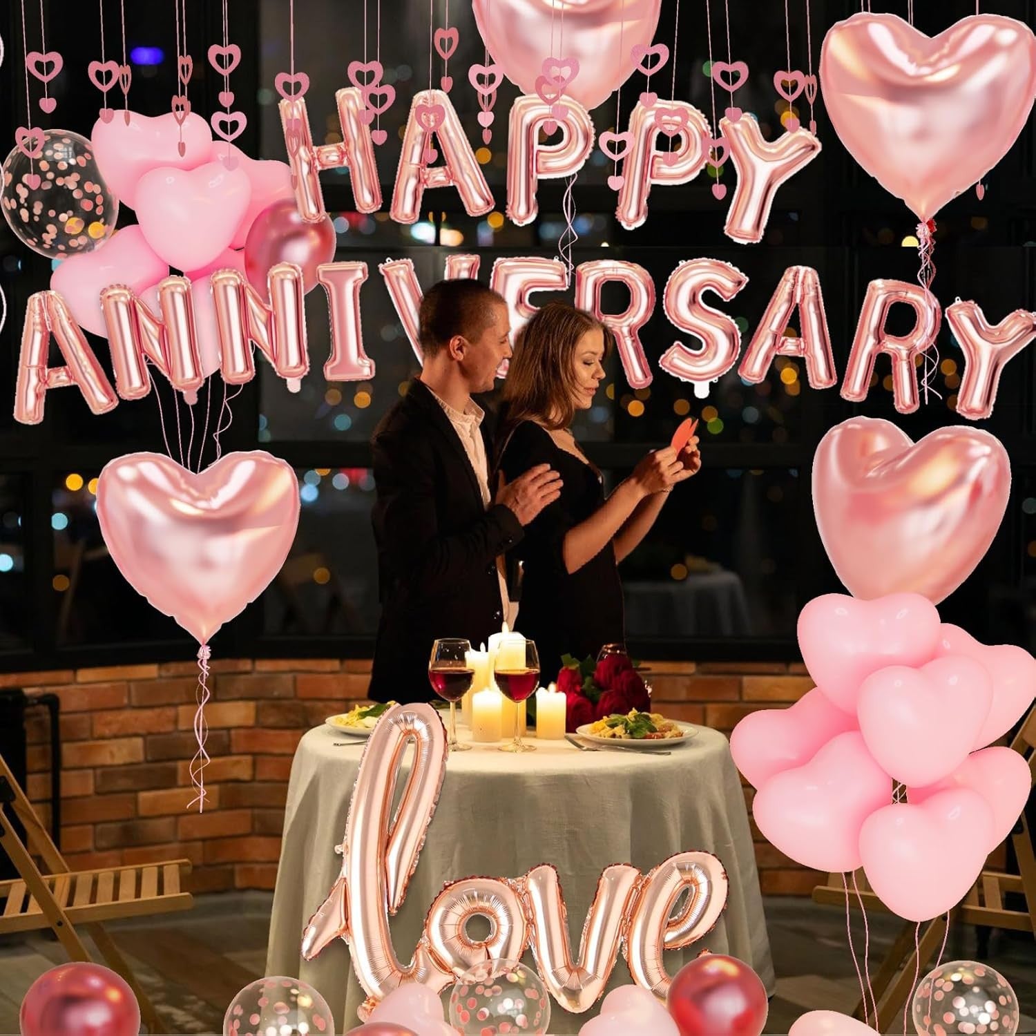 Set Baloane din Folie Metalizata, Model Happy Anniversary, Litere de 40 cm, Baloane Party, Ambalaj Individual, Pai Inclus, Umflare cu Aer sau Heliu, Roz