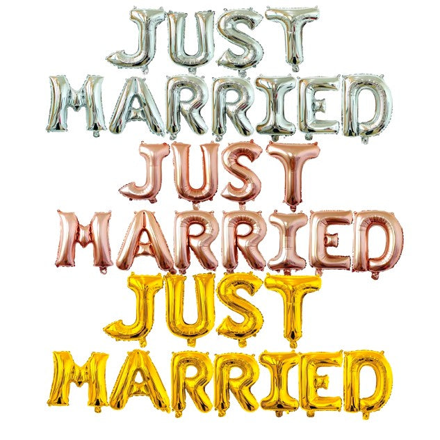 Set Baloane din Folie Metalizata, Model Just Married, Litere de 40 cm, Baloane Party, Ambalaj Individual, Pai, Ata si Adeziv Incluse, Umflare cu Aer sau Heliu, Argintiu