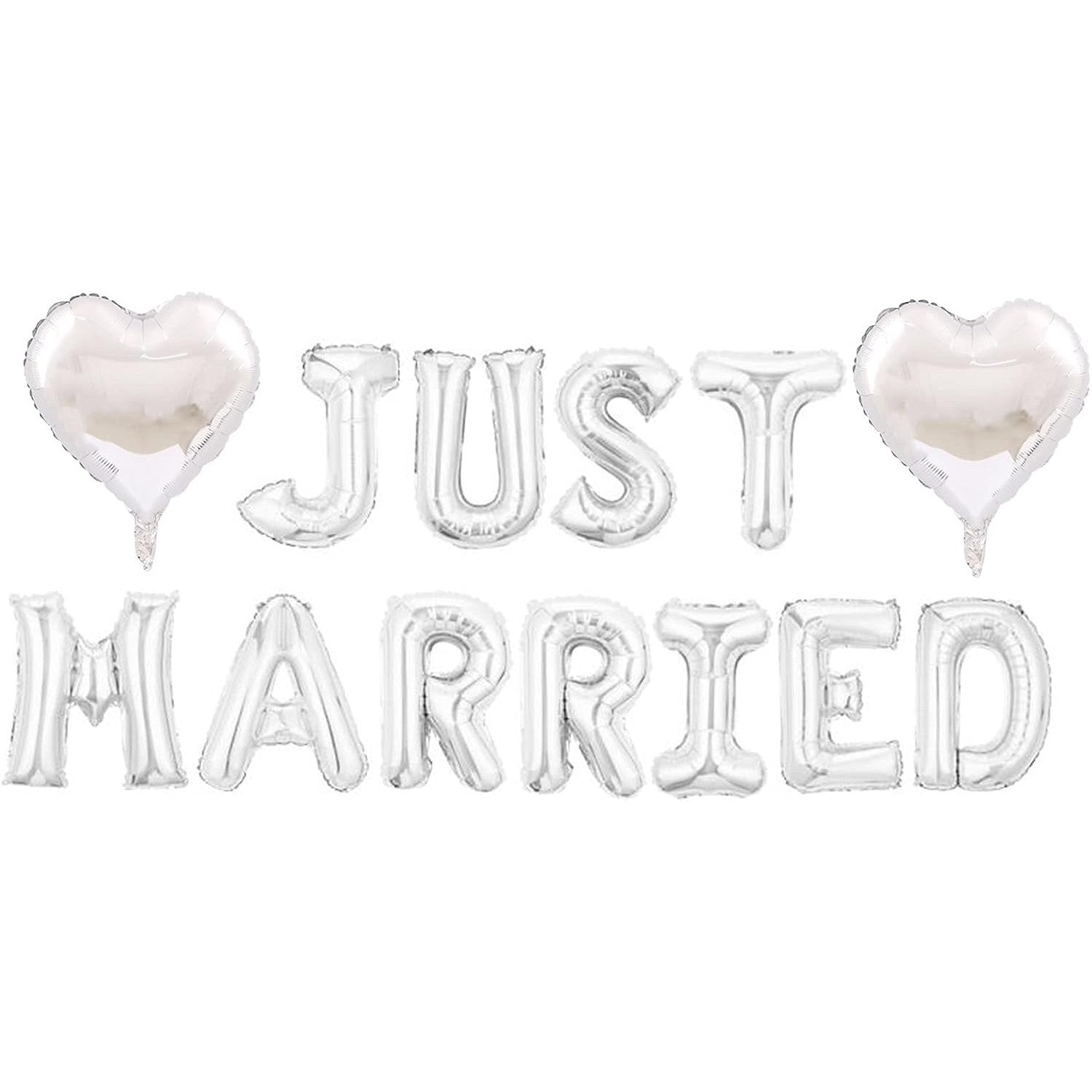 Set Baloane din Folie Metalizata, Model Just Married, Litere de 40 cm, Baloane Party, Ambalaj Individual, Pai, Ata si Adeziv Incluse, Umflare cu Aer sau Heliu, Argintiu