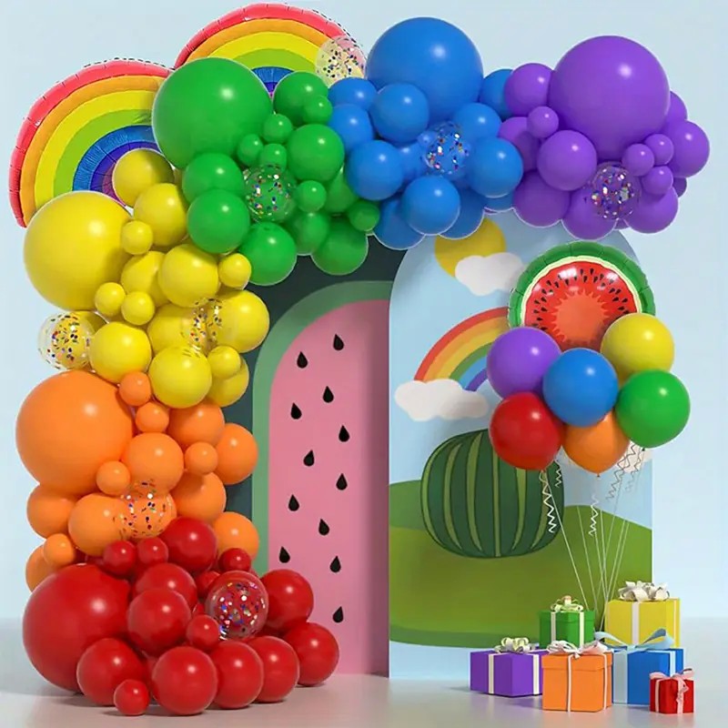 Baloane decorative pentru PETRECERE, Arcada Set MIX din 107 baloane, pentru Evenimente, Aniversari, Model Curcubeu, Rainbow, Multicolor