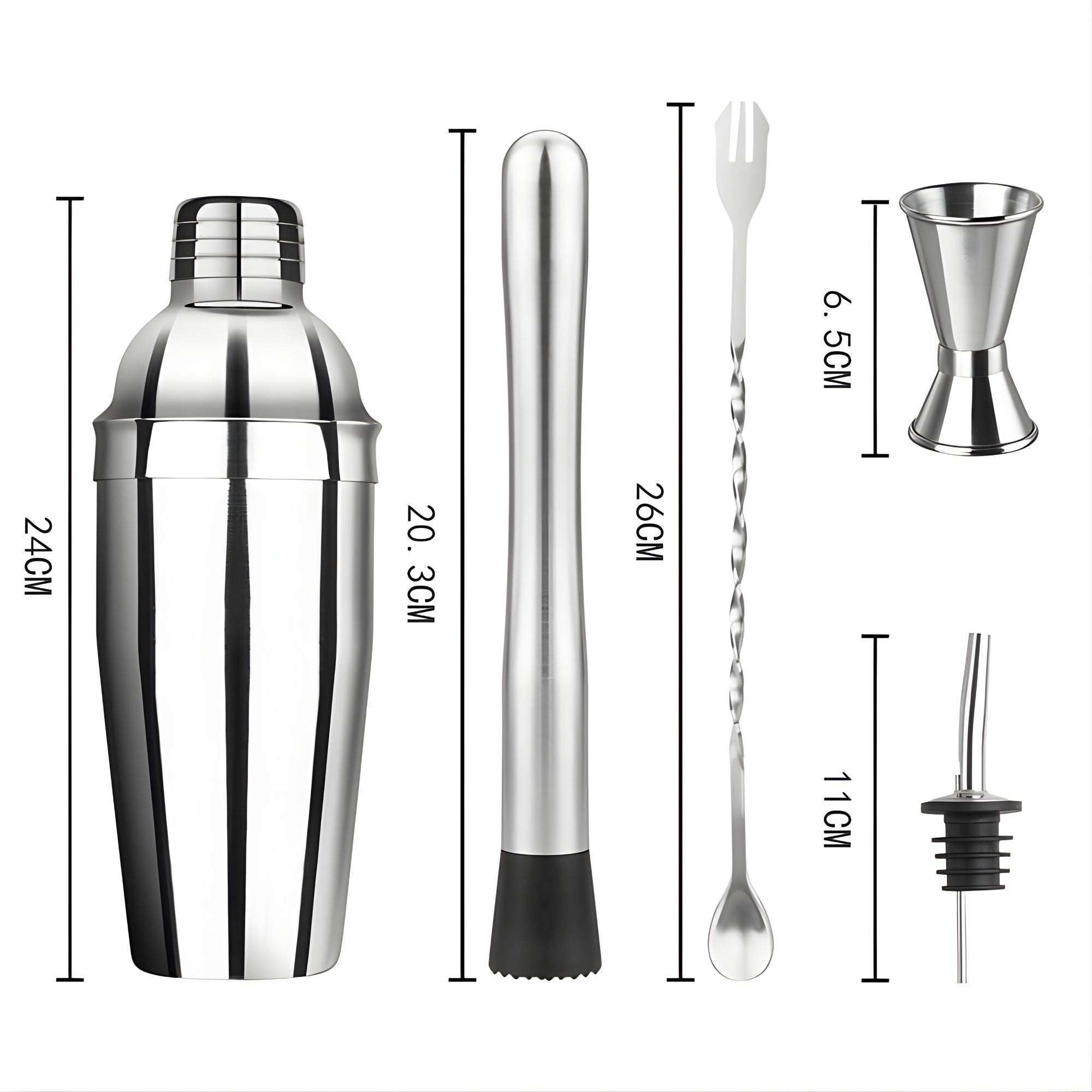 Set Barman Preparare Cocktail, 6 Piese, Inox, Argintiu, Kit Accesorii Bar si Mixologie: Shaker750ml, Masura dubla, Pistil, Lingura barman, 2 Picuratoare
