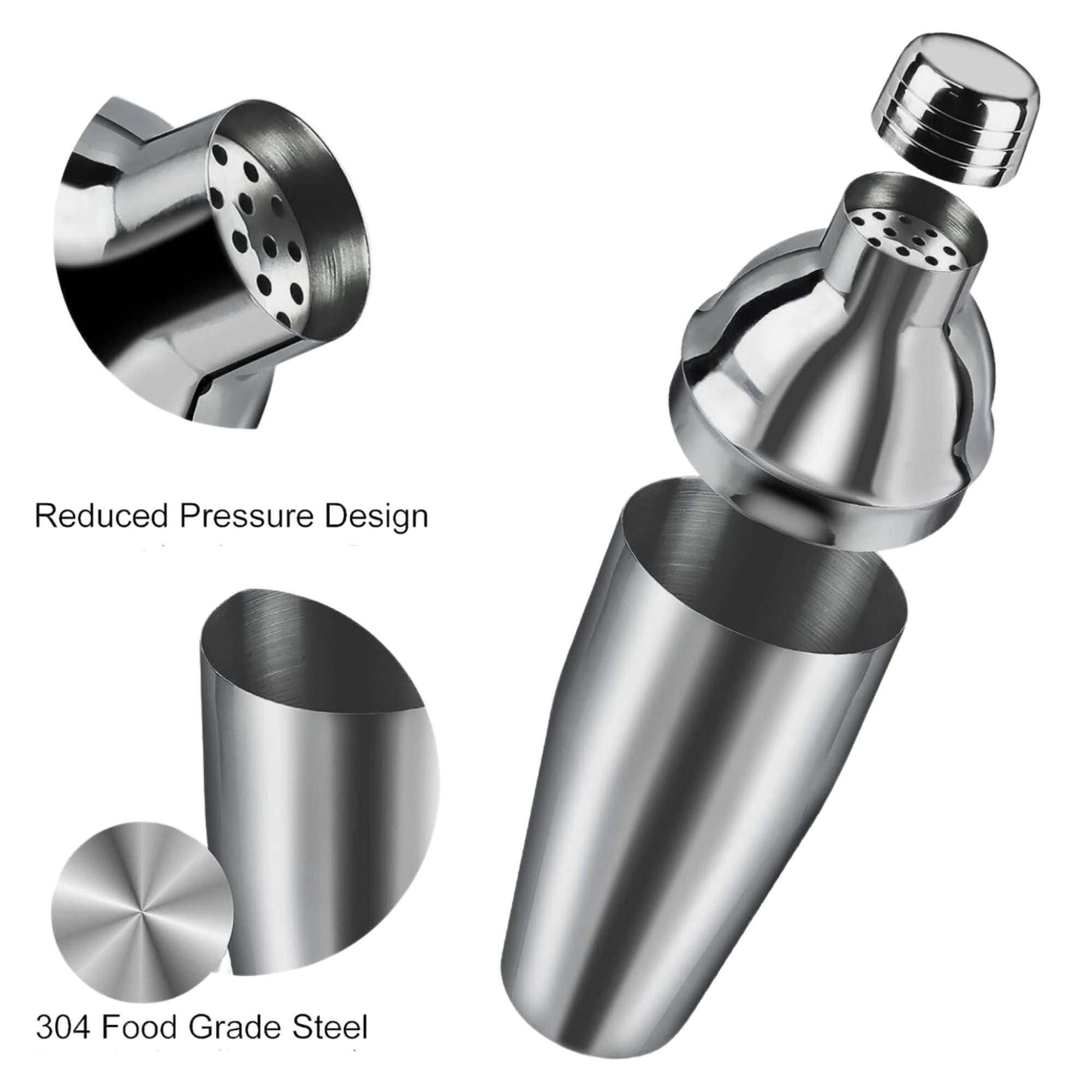 Set Barman Preparare Cocktail, 6 Piese, Inox, Argintiu, Kit Accesorii Bar si Mixologie: Shaker750ml, Masura dubla, Pistil, Lingura barman, 2 Picuratoare