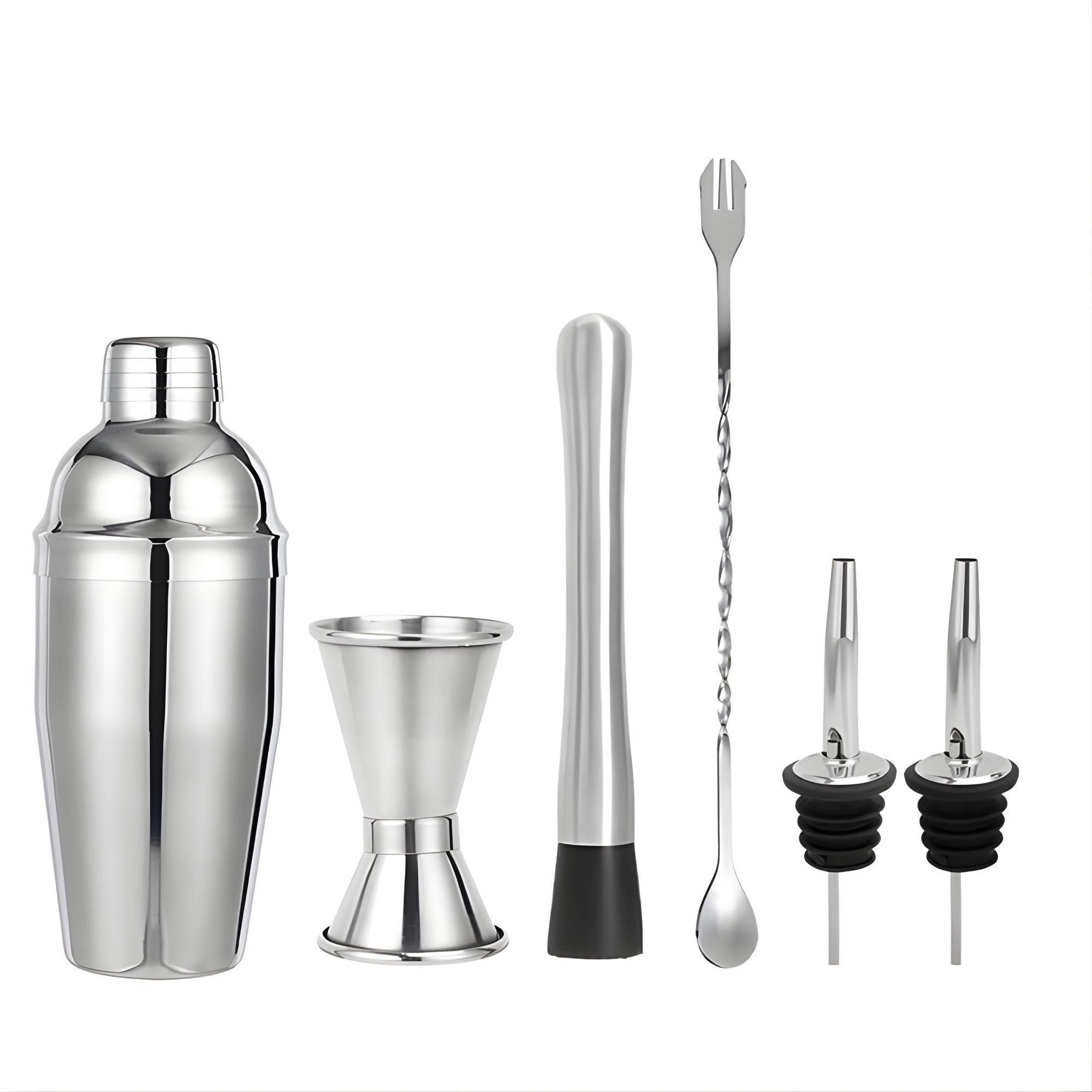 Set Barman Preparare Cocktail, 6 Piese, Inox, Argintiu, Kit Accesorii Bar si Mixologie: Shaker750ml, Masura dubla, Pistil, Lingura barman, 2 Picuratoare