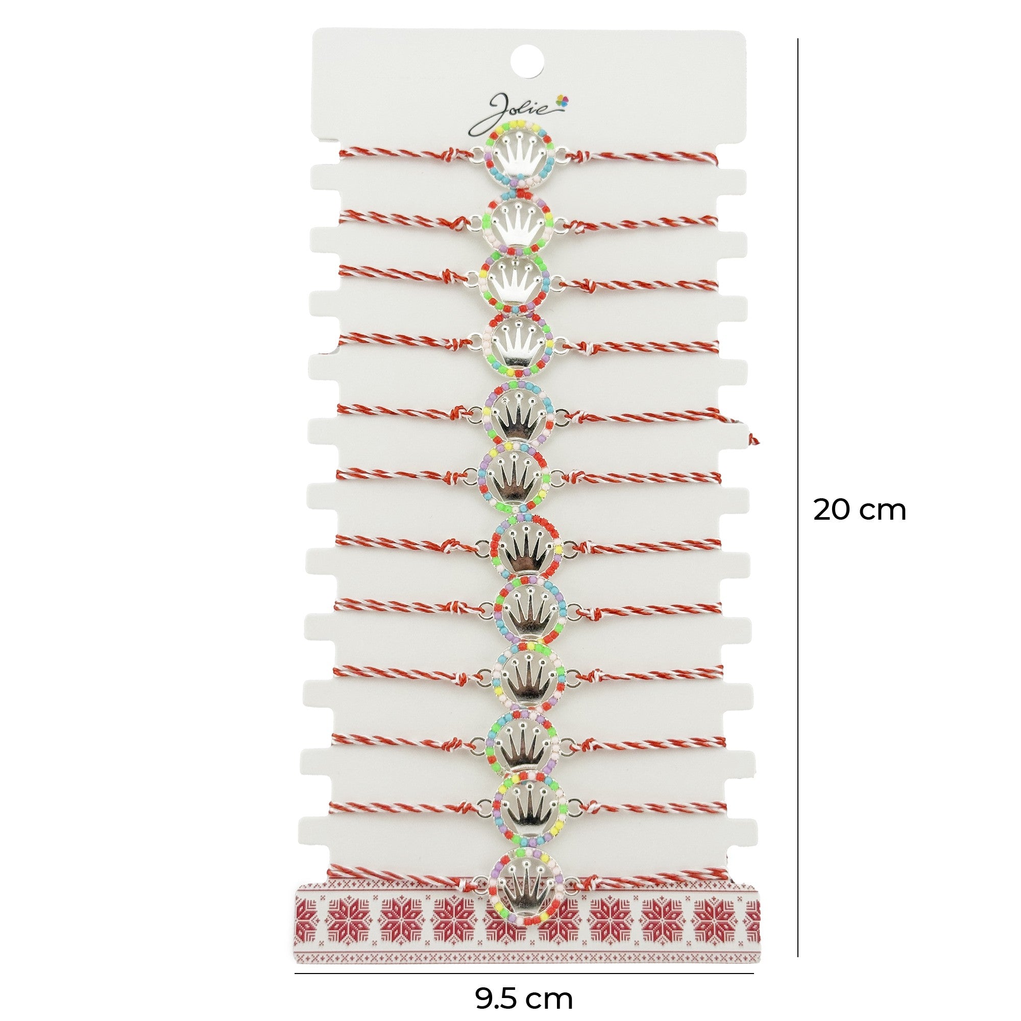 Bratara Martisor pentru Dama, Model Coroana, Set 12 bucati, Pandativ Argintiu din Inox cu Elemente Multicolore, Snur Alb/Rosu