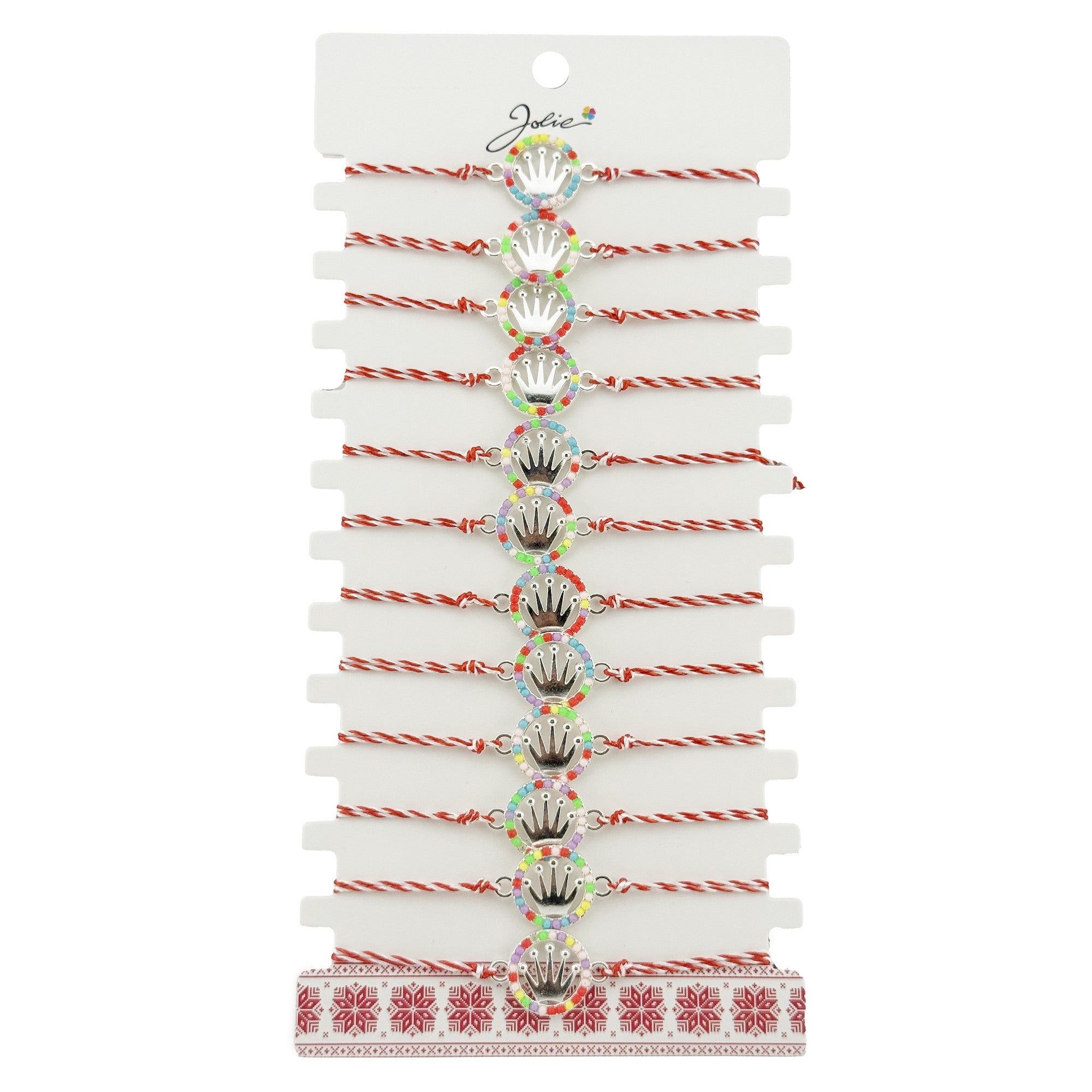 Bratara Martisor pentru Dama, Model Coroana, Set 12 bucati, Pandativ Argintiu din Inox cu Elemente Multicolore, Snur Alb/Rosu
