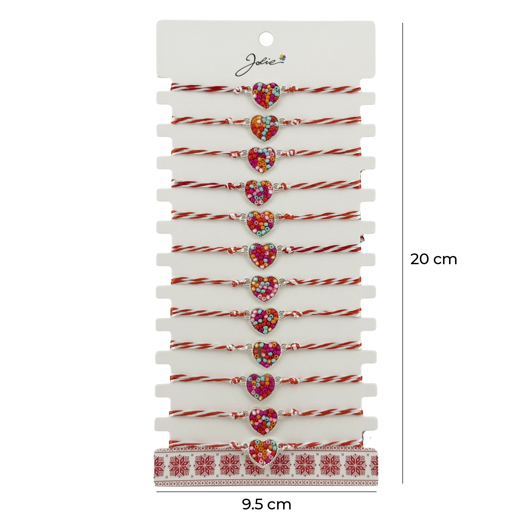 Bratara Martisor pentru Dama, Model Inima Colorata, Set 12 bucati, Pandativ Argintiu din Inox cu Elemente Multicolore, Snur Alb/Rosu