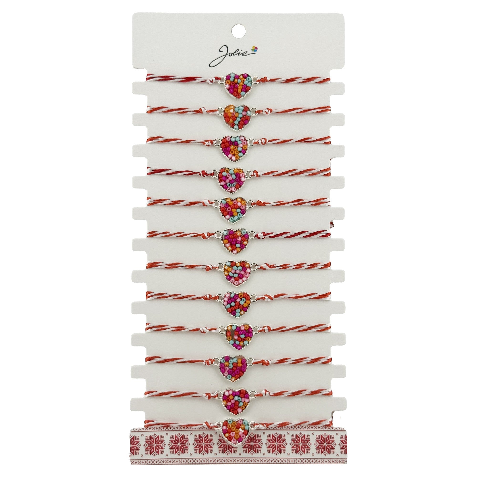 Bratara Martisor pentru Dama, Model Inima Colorata, Set 12 bucati, Pandativ Argintiu din Inox cu Elemente Multicolore, Snur Alb/Rosu