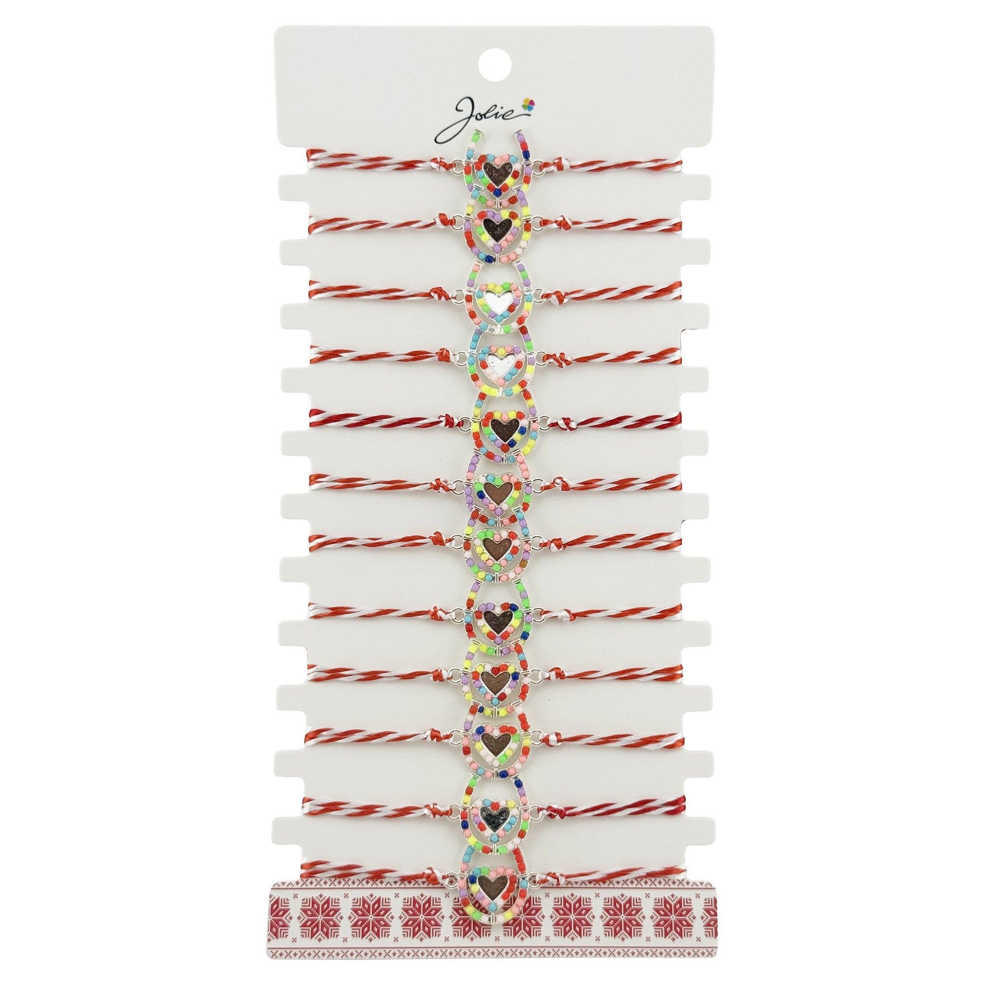 Bratara Martisor pentru Dama, Model Potcoava Multicolora, Set 12 bucati, Pandativ Argintiu din Inox cu Elemente Multicolore, Snur Alb/Rosu