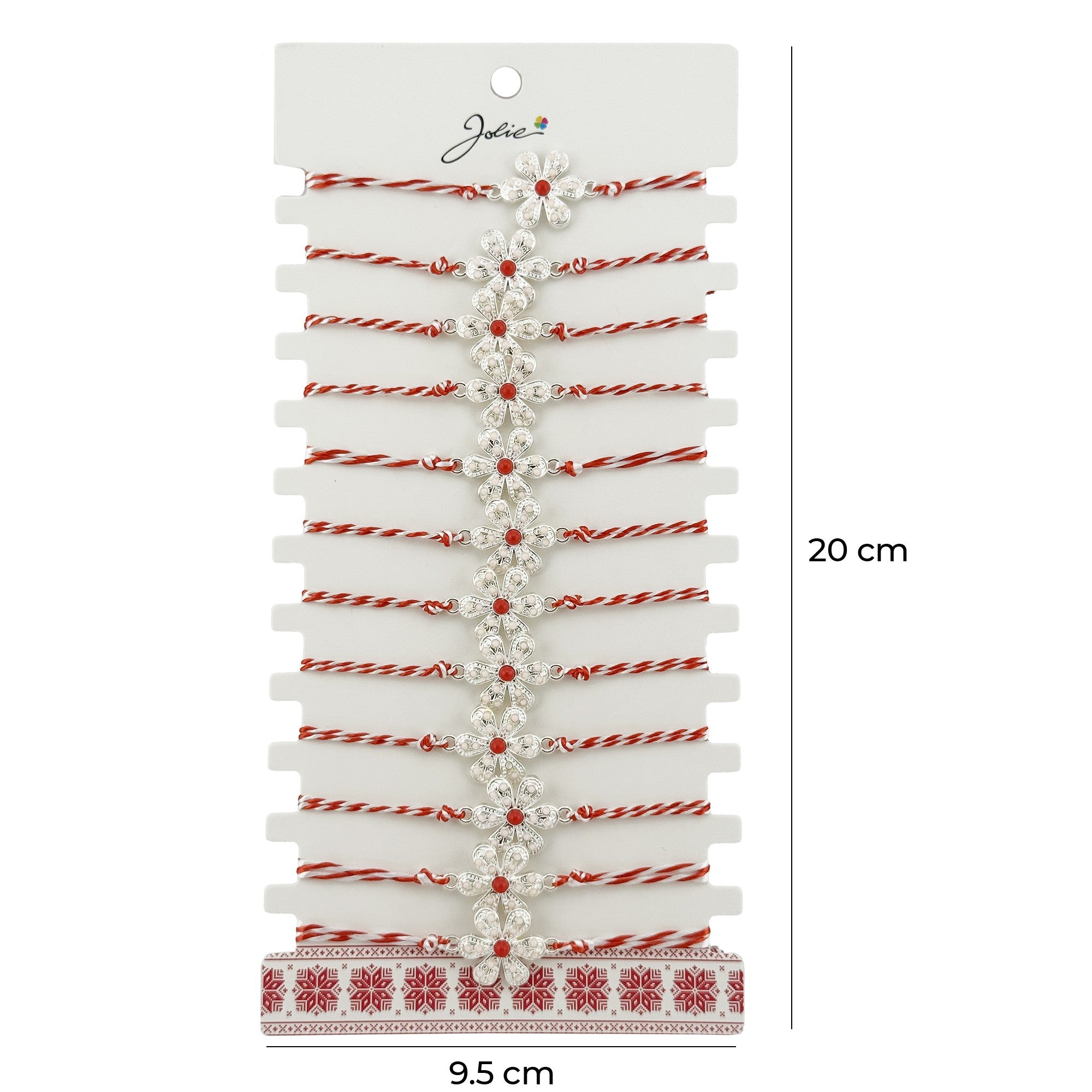 Bratara Martisor pentru Dama, Model Floare Argintie, Set 12 bucati, Pandativ Argintiu din Inox cu Elemente Multicolore, Snur Alb/Rosu