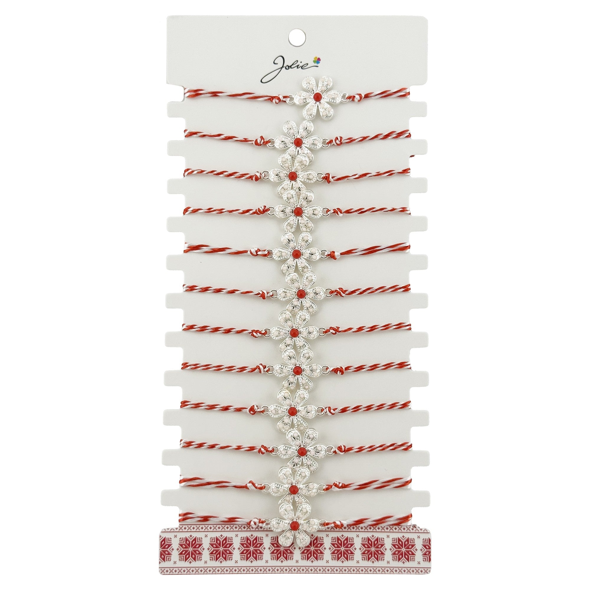 Bratara Martisor pentru Dama, Model Floare Argintie, Set 12 bucati, Pandativ Argintiu din Inox cu Elemente Multicolore, Snur Alb/Rosu