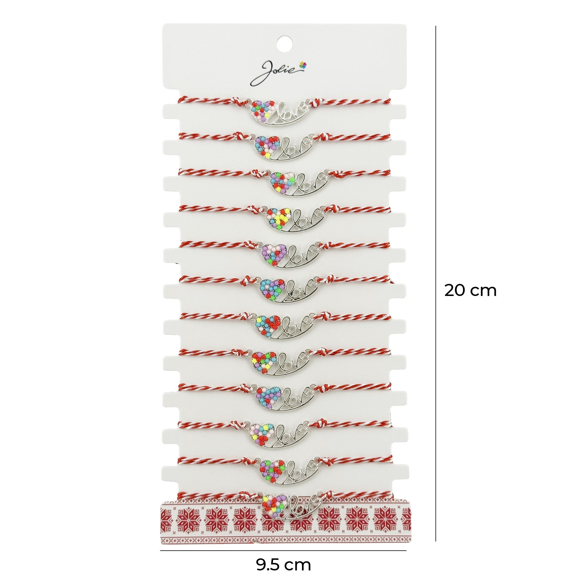 Bratara Martisor pentru Dama, Model Inima LOVE, Set 12 bucati, Pandativ Argintiu din Inox cu Elemente Multicolore, Snur Alb/Rosu