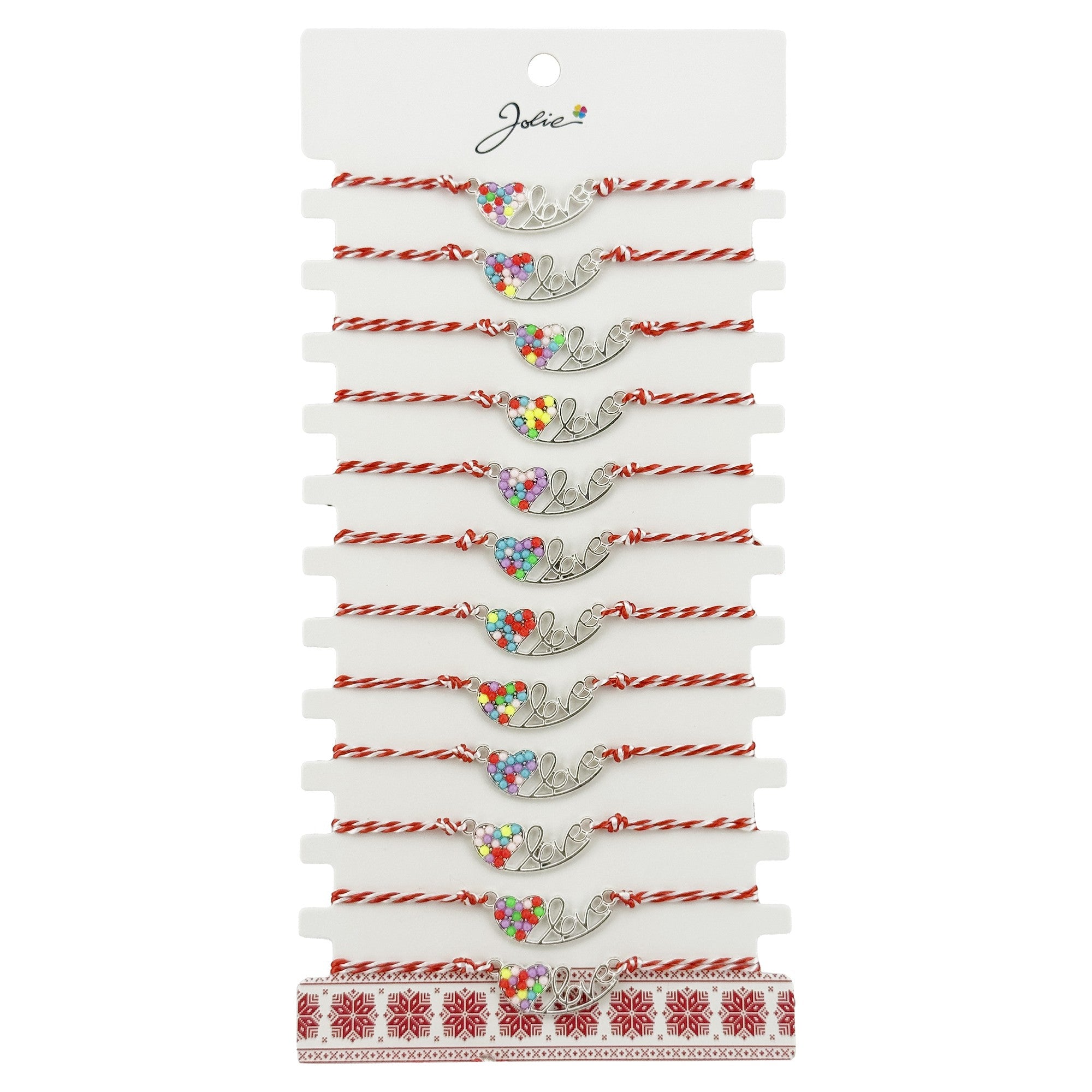 Bratara Martisor pentru Dama, Model Inima LOVE, Set 12 bucati, Pandativ Argintiu din Inox cu Elemente Multicolore, Snur Alb/Rosu