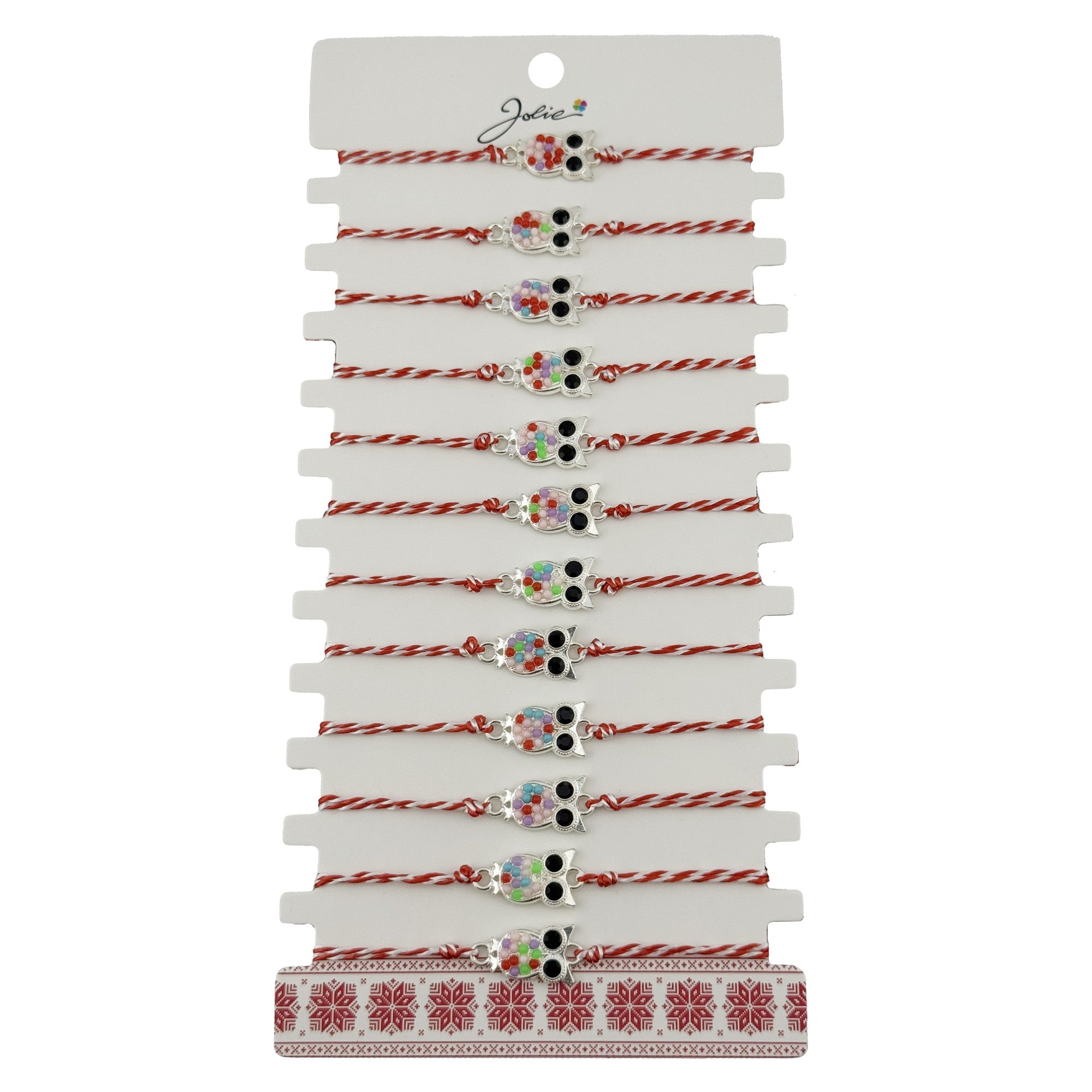 Bratara Martisor pentru Dama, Model Bufnita, Set 12 bucati, Pandativ Argintiu din Inox cu Elemente Multicolore, Snur Alb/Rosu