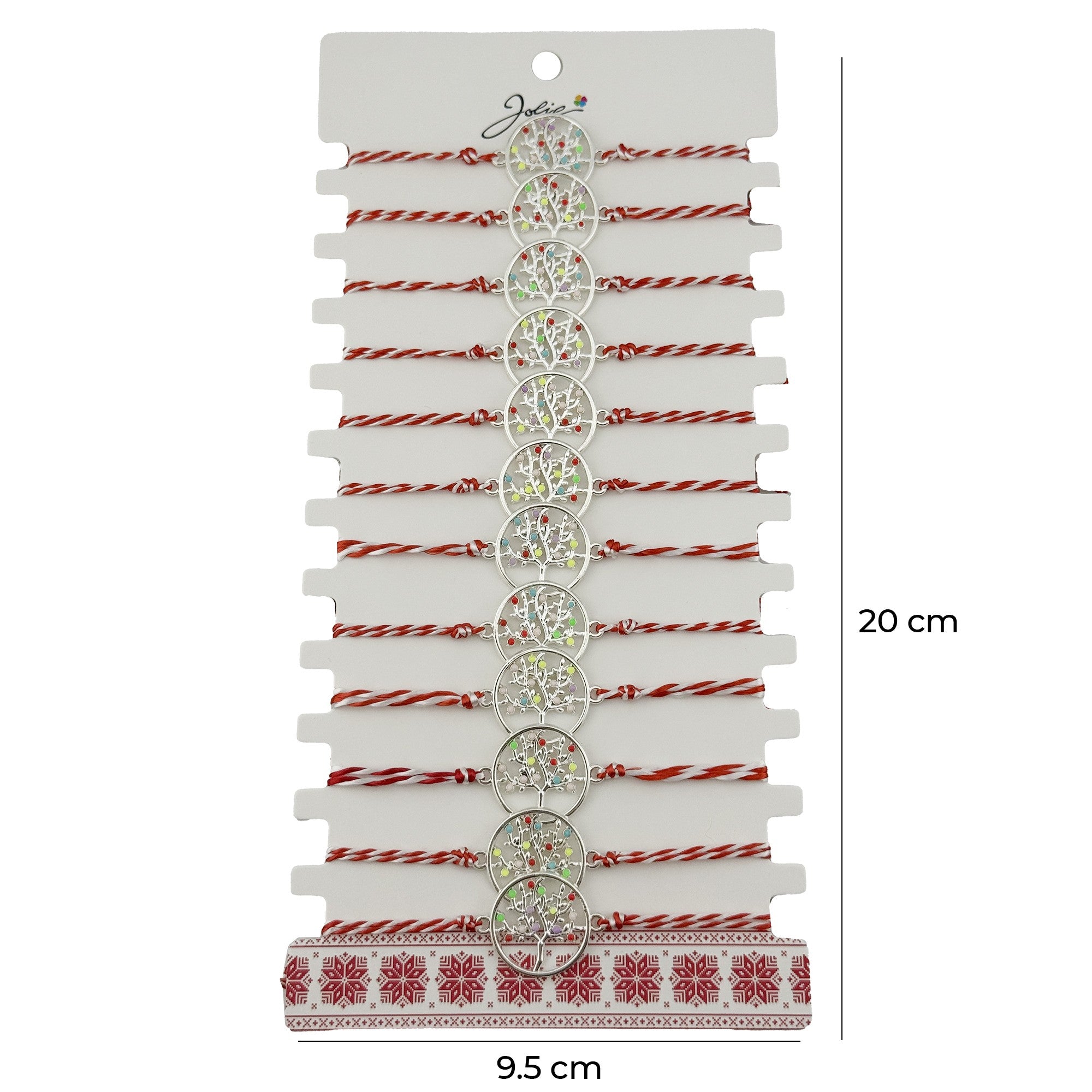 Bratara Martisor pentru Dama, Model Copac Multicolor, Set 12 bucati, Pandativ Argintiu din Inox cu Elemente Multicolore, Snur Alb/Rosu
