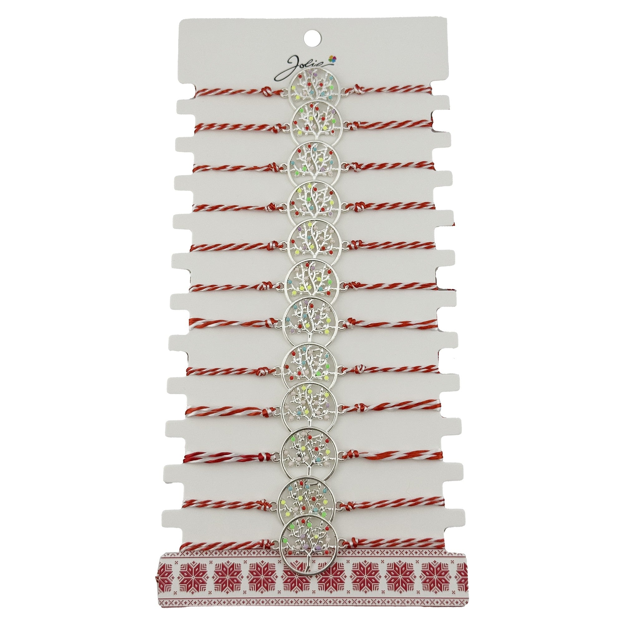 Bratara Martisor pentru Dama, Model Copac Multicolor, Set 12 bucati, Pandativ Argintiu din Inox cu Elemente Multicolore, Snur Alb/Rosu
