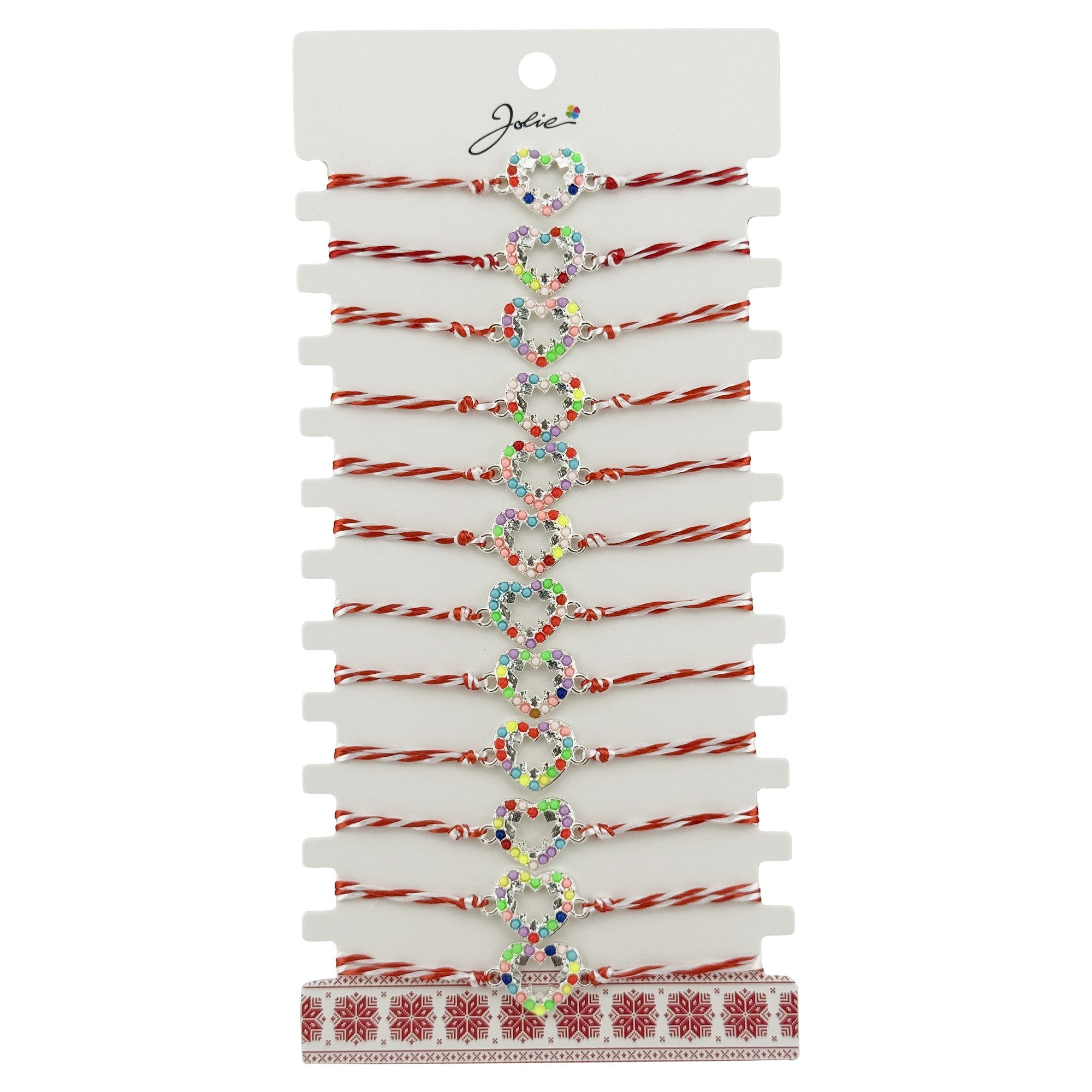 Bratara Martisor pentru Dama, Model Inima Multicolora, Set 12 bucati, Pandativ Argintiu din Inox cu Elemente Multicolore, Snur Alb/Rosu