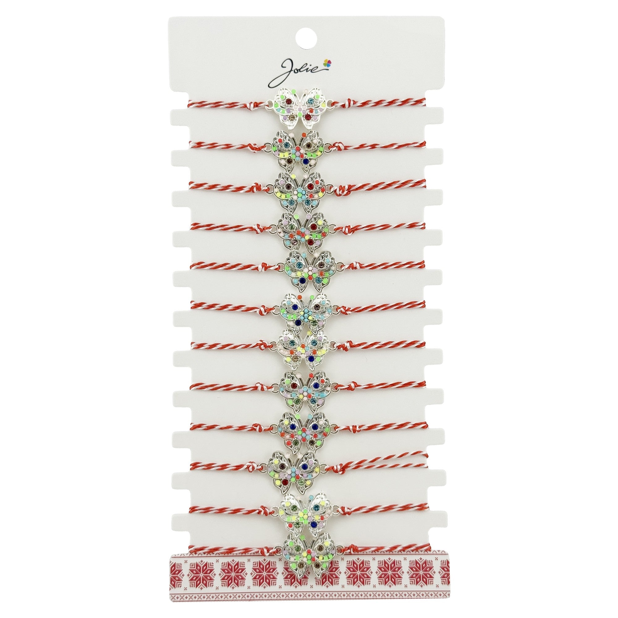 Bratara Martisor pentru Dama, Model Fluture Multicolor, Set 12 bucati, Pandativ Argintiu din Inox cu Elemente Multicolore, Snur Alb/Rosu