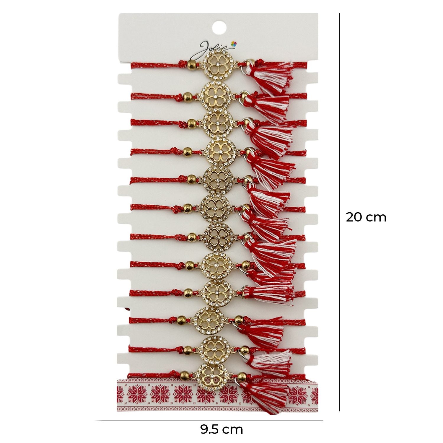 Martisor Bratara cu Ciucure pentru Dama, Model Cerc Trifoi cu Patru Foi, Set 12 bucati, Pandativ din Inox cu Pietre, Snur Reglabil, Rosu/Alb