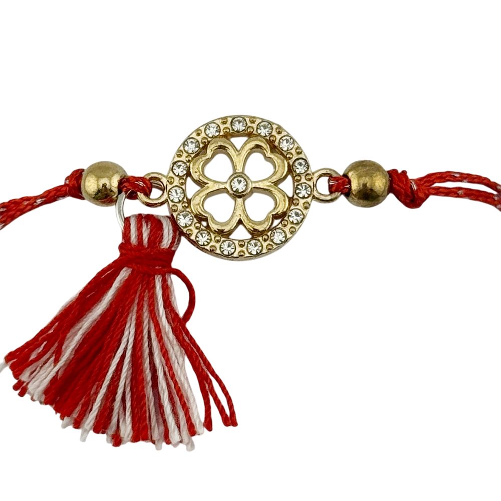 Martisor Bratara cu Ciucure pentru Dama, Model Cerc Trifoi cu Patru Foi, Set 12 bucati, Pandativ din Inox cu Pietre, Snur Reglabil, Rosu/Alb