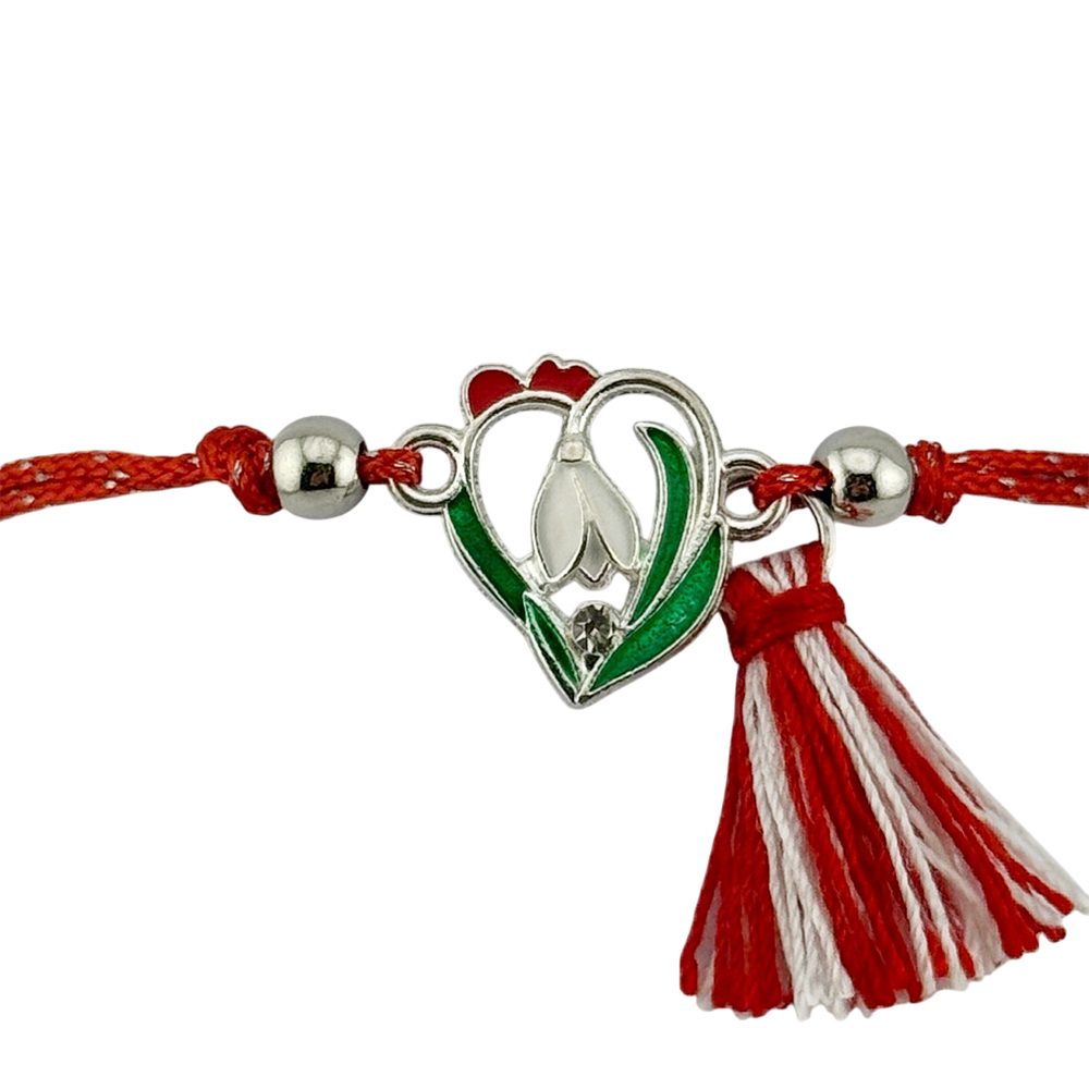 Martisor Bratara cu Ciucure pentru Dama, Model Inima cu Ghiocel, Set 12 bucati, Pandativ din Inox, Snur Reglabil, Rosu/Alb