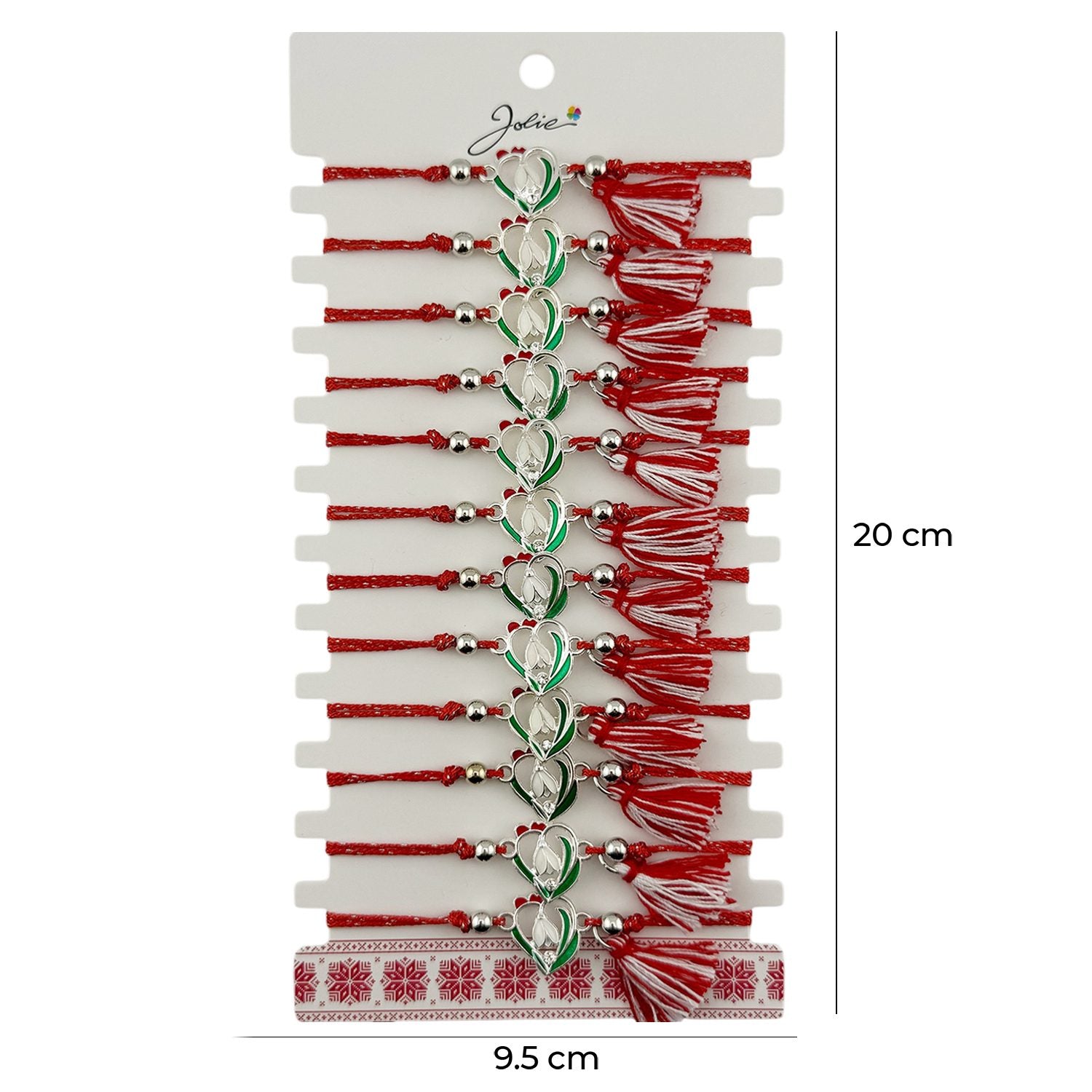 Martisor Bratara cu Ciucure pentru Dama, Model Inima cu Ghiocel, Set 12 bucati, Pandativ din Inox, Snur Reglabil, Rosu/Alb