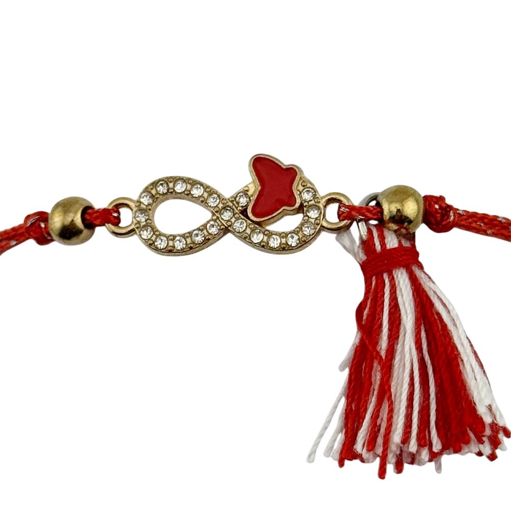 Martisor Bratara cu Ciucure pentru Dama, Model Infinit cu Fluture, Set 12 bucati, Pandativ din Inox cu Pietre, Snur Reglabil, Rosu/Alb