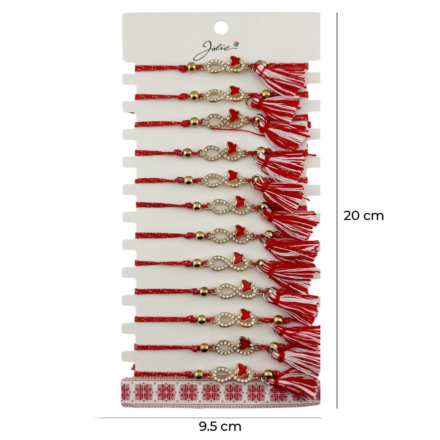 Martisor Bratara cu Ciucure pentru Dama, Model Infinit cu Fluture, Set 12 bucati, Pandativ din Inox cu Pietre, Snur Reglabil, Rosu/Alb