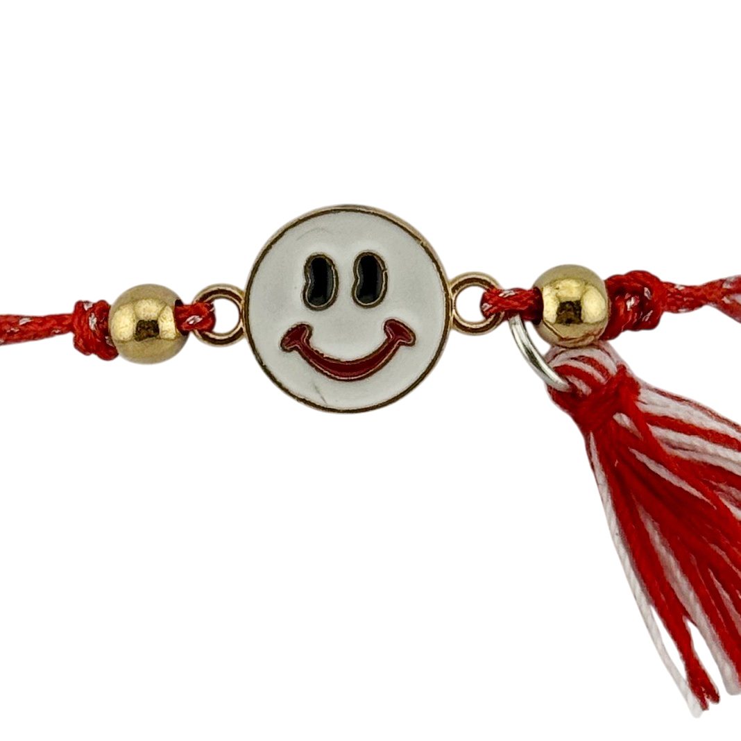 Martisor Bratara cu Ciucure pentru Dama, Model Fata Zambitoare, Set 12 bucati, Pandativ din Inox, Snur Reglabil, Rosu/Alb