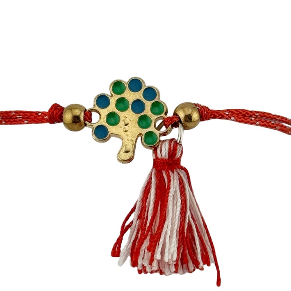 Martisor Bratara cu Ciucure pentru Dama, Model Copacul Vietii, Set 12 bucati, Pandativ din Inox, Snur Reglabil, Rosu/Alb