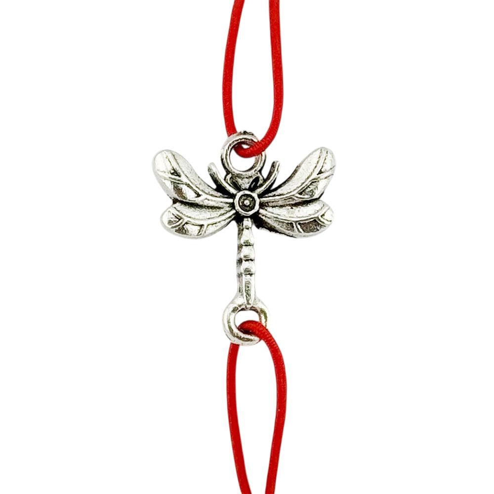 Martisor Bratara Elastica cu Pandantiv din Inox, pentru Dama, Set 12 bucati, Snur Rosu Textil, Model Libelula