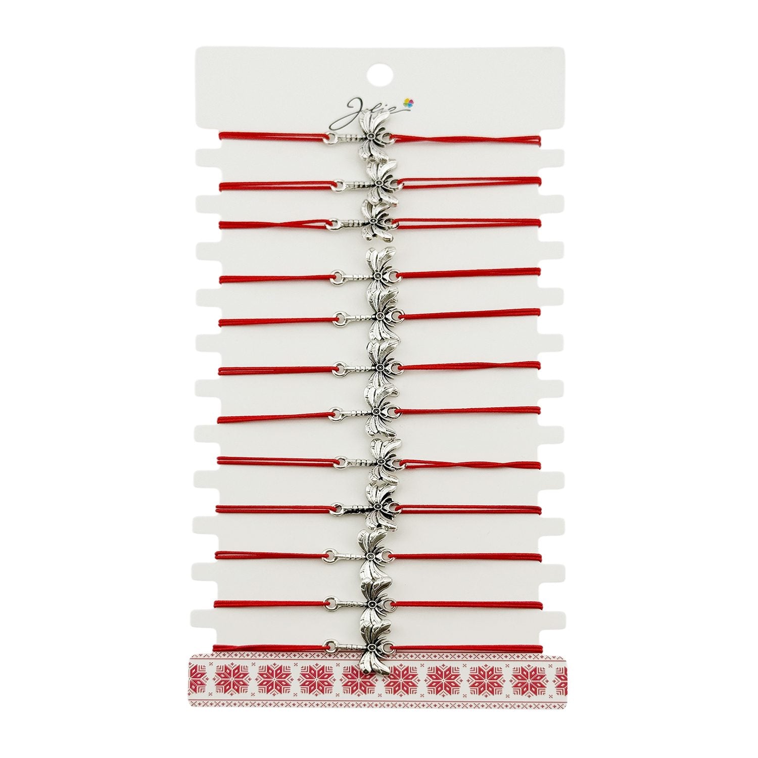 Martisor Bratara Elastica cu Pandantiv din Inox, pentru Dama, Set 12 bucati, Snur Rosu Textil, Model Libelula