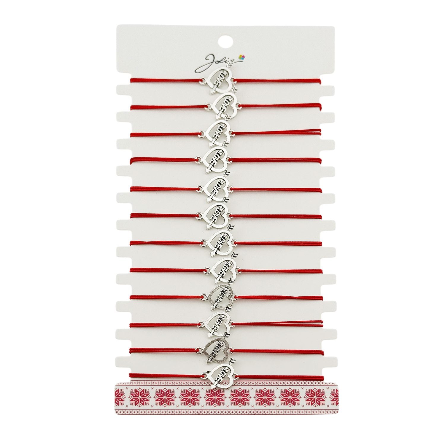 Martisor Bratara Elastica cu Pandantiv din Inox, pentru Dama, Set 12 bucati, Snur Rosu Textil, Model Inima Love