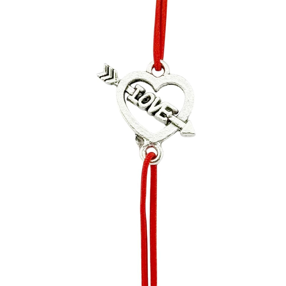 Martisor Bratara Elastica cu Pandantiv din Inox, pentru Dama, Set 12 bucati, Snur Rosu Textil, Model Inima Love