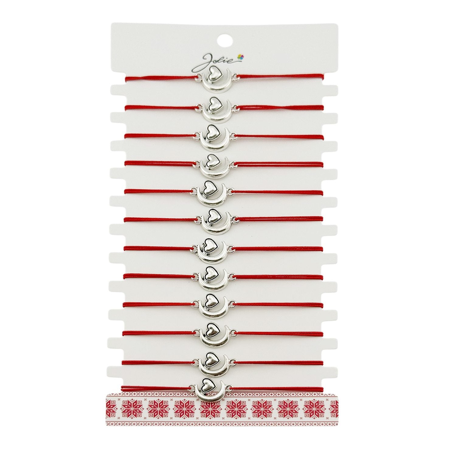 Martisor Bratara Elastica cu Pandantiv din Inox, pentru Dama, Set 12 bucati, Snur Rosu Textil, Model Inima Luna