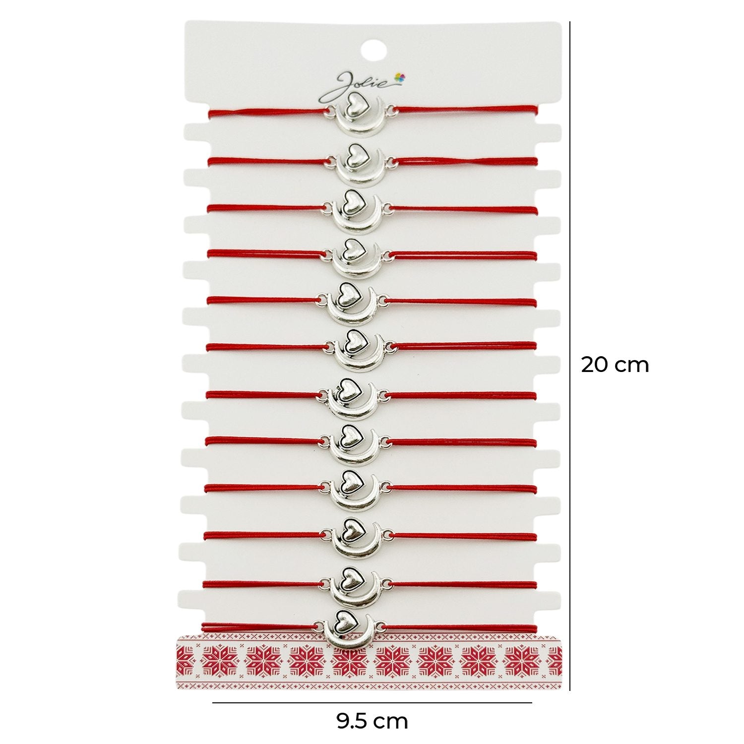 Martisor Bratara Elastica cu Pandantiv din Inox, pentru Dama, Set 12 bucati, Snur Rosu Textil, Model Inima Luna