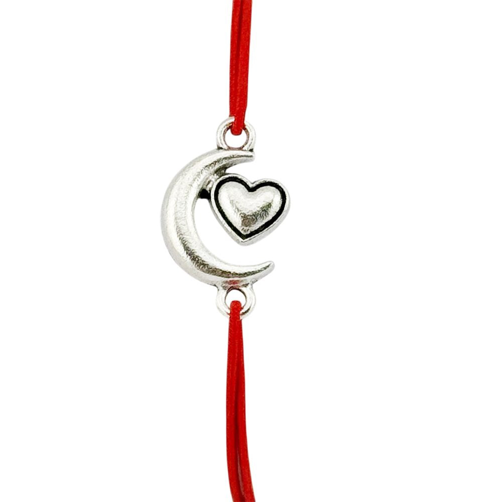Martisor Bratara Elastica cu Pandantiv din Inox, pentru Dama, Set 12 bucati, Snur Rosu Textil, Model Inima Luna