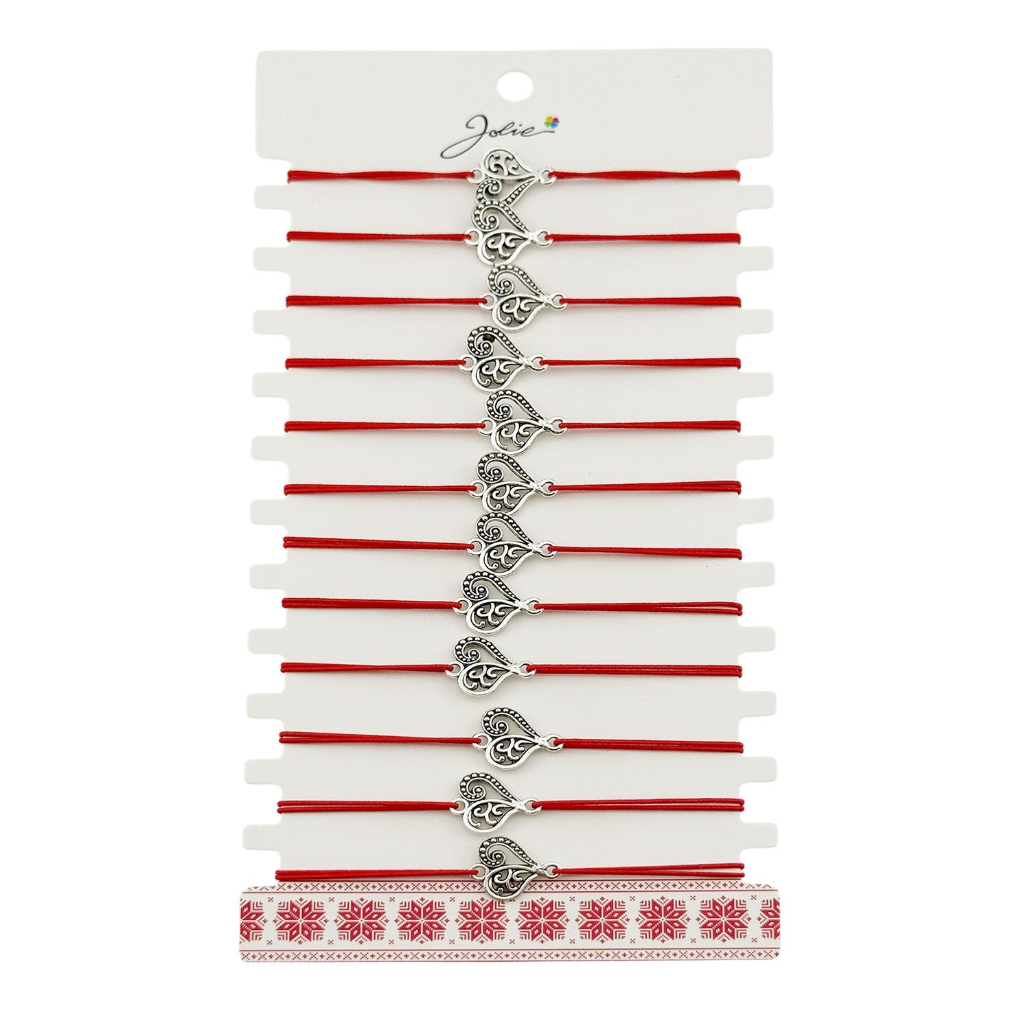 Martisor Bratara Elastica cu Pandantiv din Inox, pentru Dama, Set 12 bucati, Snur Rosu Textil, Model Inima Eleganta