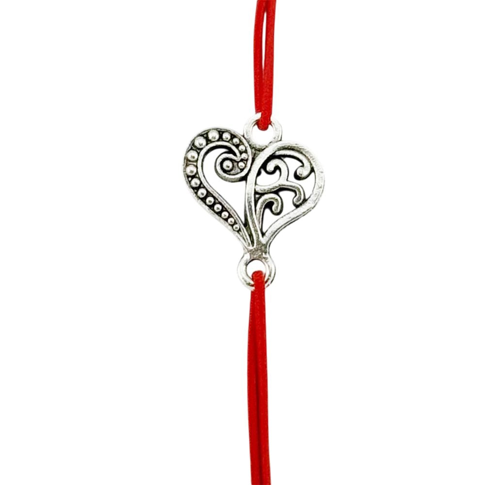 Martisor Bratara Elastica cu Pandantiv din Inox, pentru Dama, Set 12 bucati, Snur Rosu Textil, Model Inima Eleganta