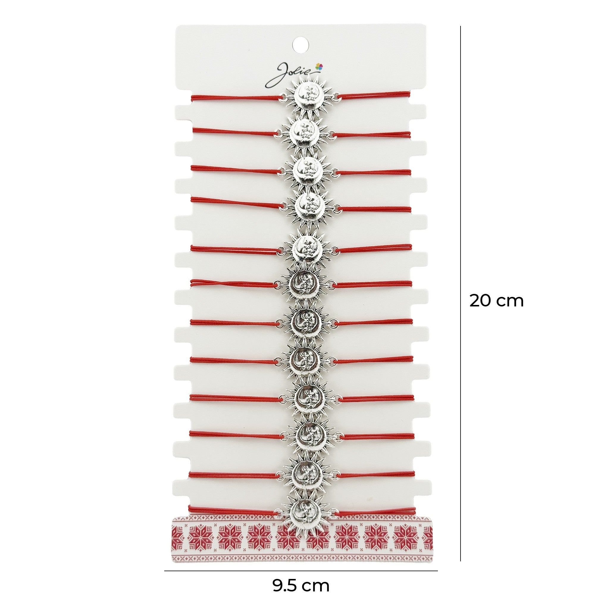 Bratara Martisor pentru Dama, Model Soare, Set 12 bucati, Pandativ Argintiu din Inox cu Snur Rosu Ajustabil