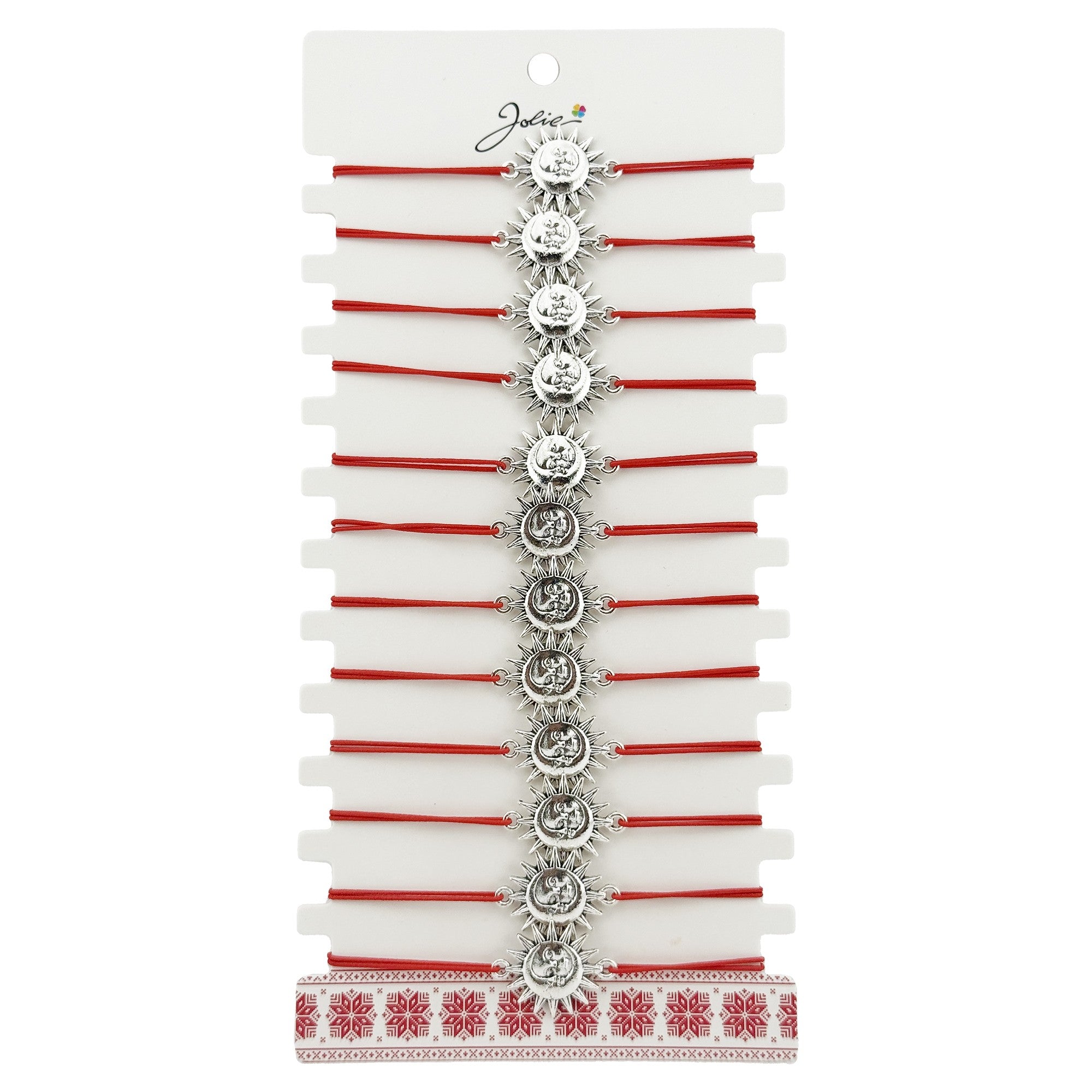 Bratara Martisor pentru Dama, Model Soare, Set 12 bucati, Pandativ Argintiu din Inox cu Snur Rosu Ajustabil