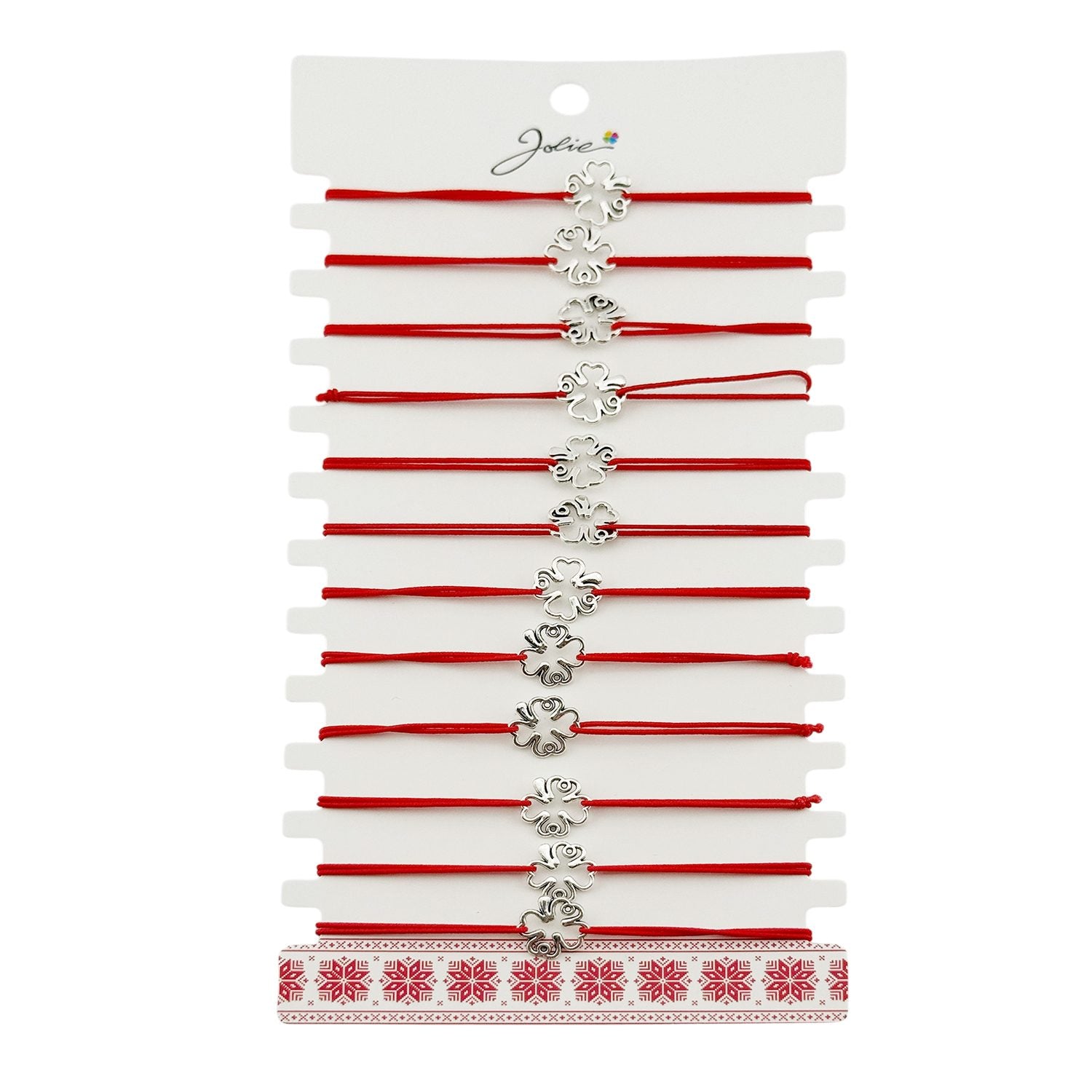 Martisor Bratara Elastica cu Pandantiv din Inox, pentru Dama, Set 12 bucati, Snur Rosu Textil, Model Trifoi cu Patru Foi