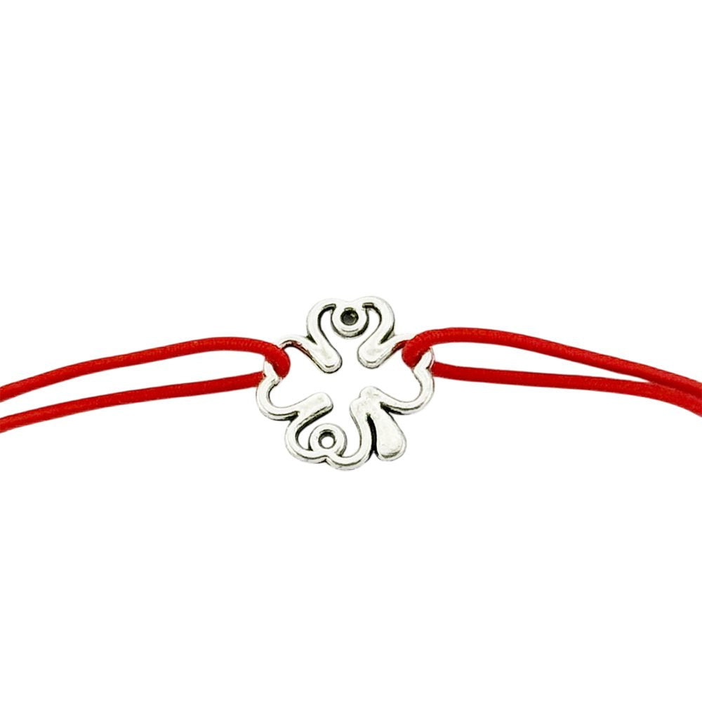 Martisor Bratara Elastica cu Pandantiv din Inox, pentru Dama, Set 12 bucati, Snur Rosu Textil, Model Trifoi cu Patru Foi