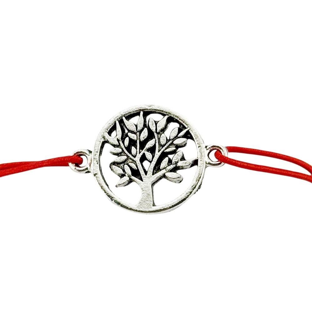 Martisor Bratara Elastica cu Pandantiv din Inox, pentru Dama, Set 12 bucati, Snur Rosu Textil, Model Pomul Vietii