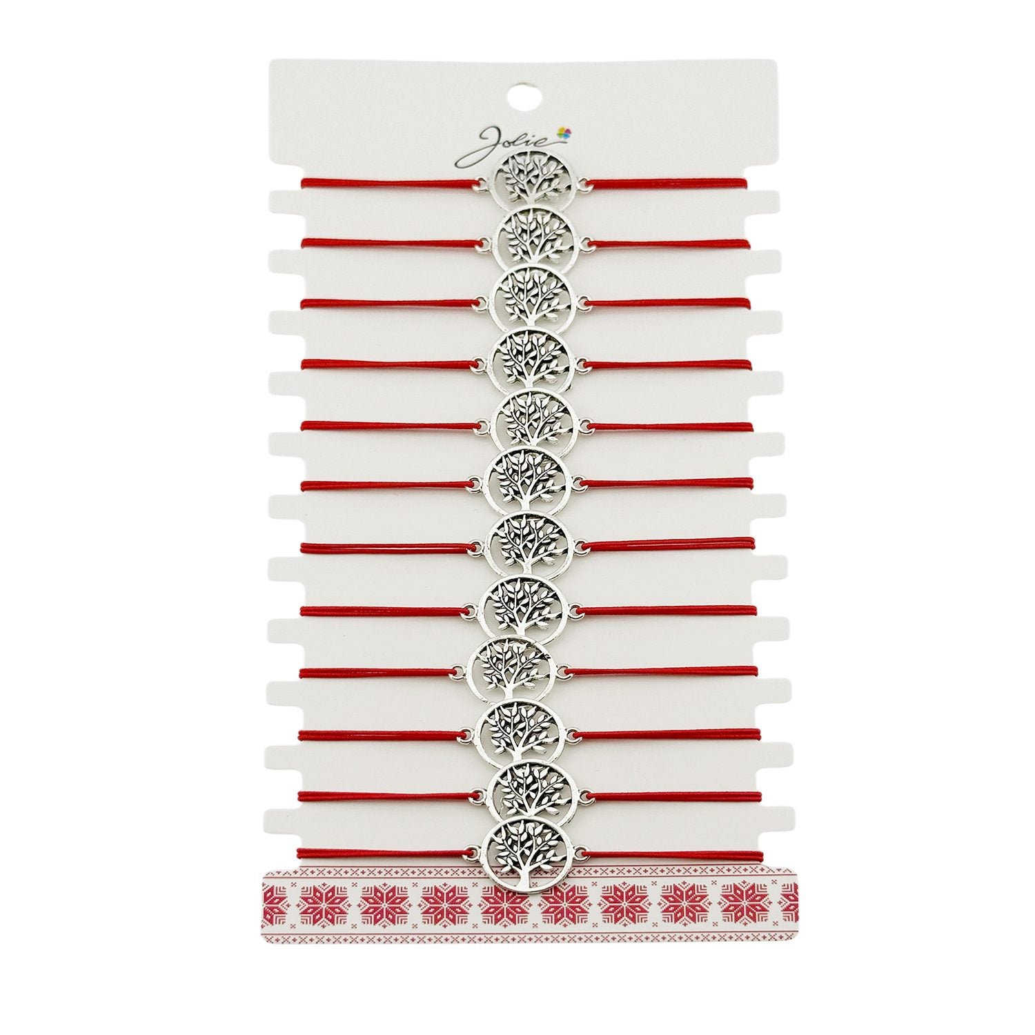 Martisor Bratara Elastica cu Pandantiv din Inox, pentru Dama, Set 12 bucati, Snur Rosu Textil, Model Pomul Vietii