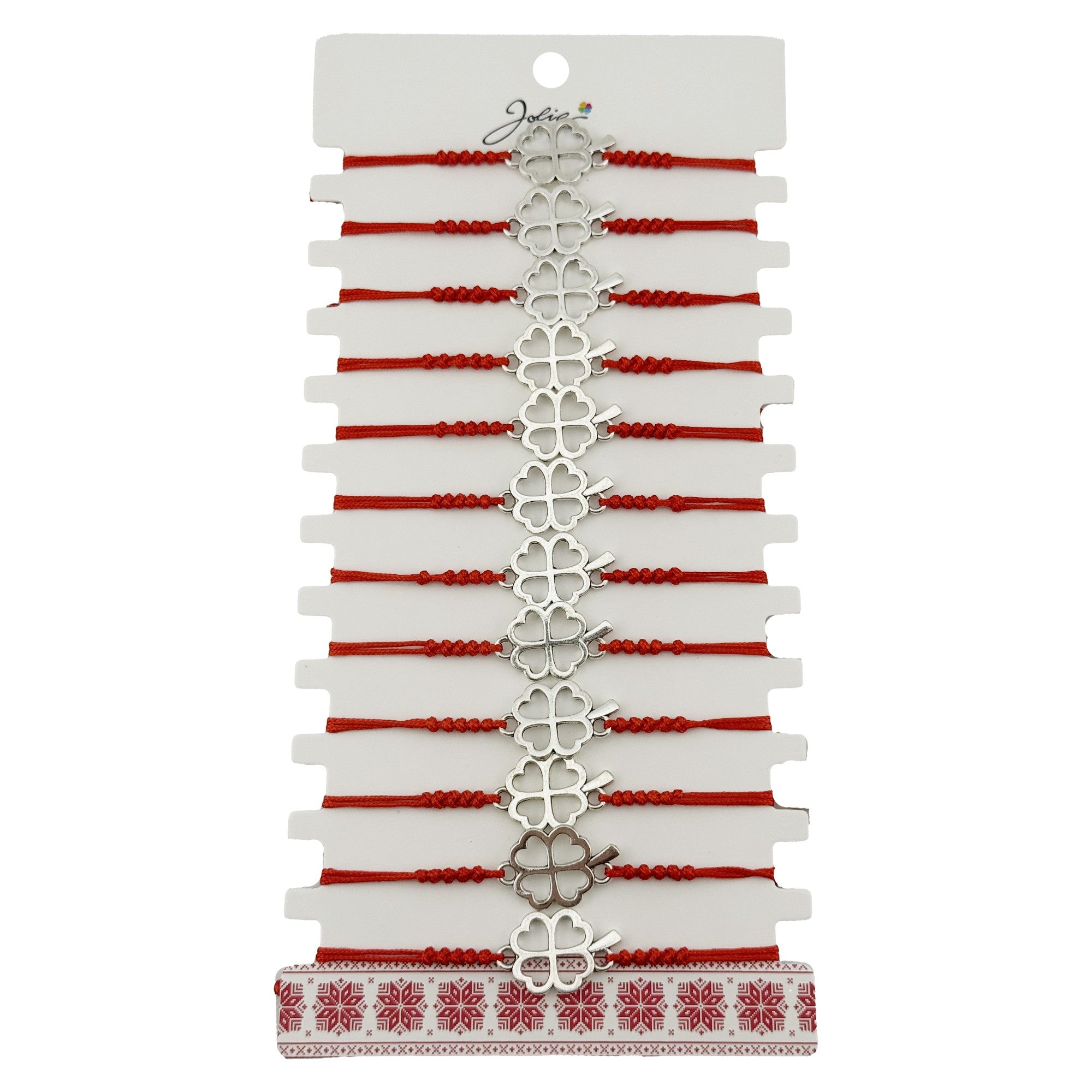 Bratara Martisor pentru Dama, Model Trifoi in Contur, Set 12 bucati, Pandativ Argintiu din Inox cu Snur Rosu Ajustabil