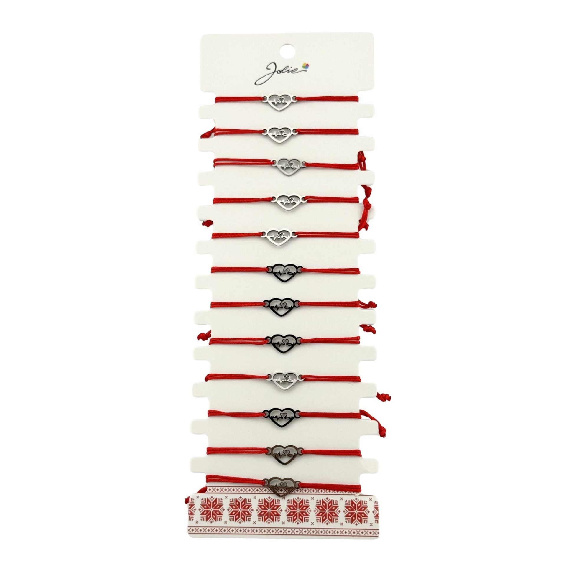 Bratara Martisor pentru Dama, Model Inima, Set 12 bucati, Pandativ Argintiu din Inox cu Snur Rosu Ajustabil